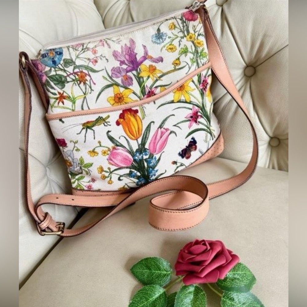 GUCCI FLORA Canvas Calfskin Medium Flat Messenger Bag Crossbody Shoulder Handbag